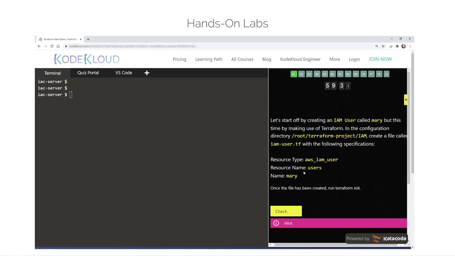 The image shows a KodeKloud Hands-On Labs interface with a terminal and instructions to create an IAM user using Terraform.