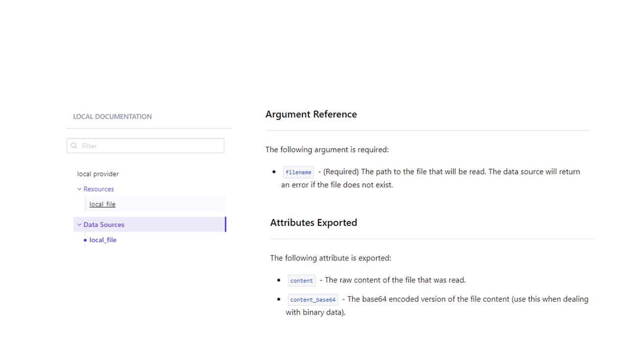The image shows a documentation page for a local provider, detailing argument references and exported attributes for reading a file, including filename, content, and base64 encoding.