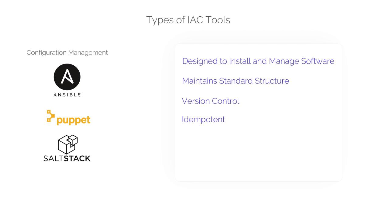 The image lists configuration management tools Ansible, Puppet, and SaltStack, highlighting features like software management, standard structure, version control, and idempotency.