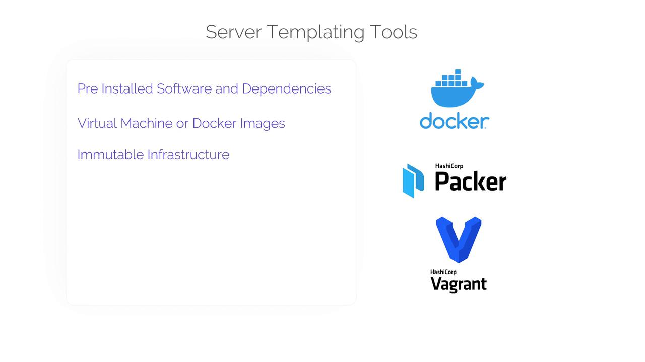 The image lists server templating tools: Docker, Packer, and Vagrant, highlighting features like pre-installed software, virtual machine or Docker images, and immutable infrastructure.