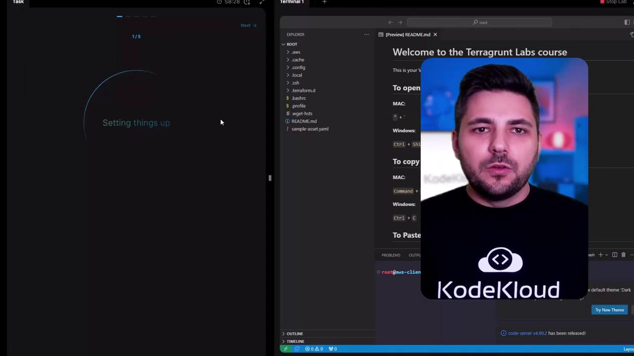 The image shows a split screen with a terminal setup on the left and a code editor on the right, featuring a person in a video overlay discussing a course.