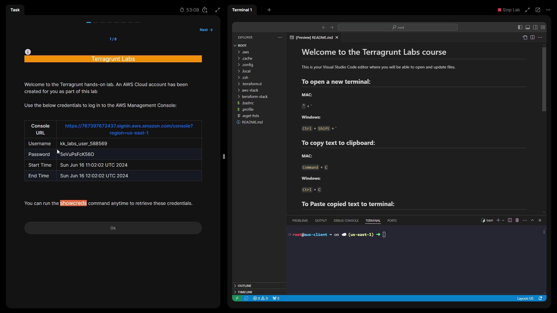 The image shows a split-screen view with an AWS login page on the left, displaying credentials for a Terragrunt lab, and a Visual Studio Code editor on the right with instructions for using the terminal.