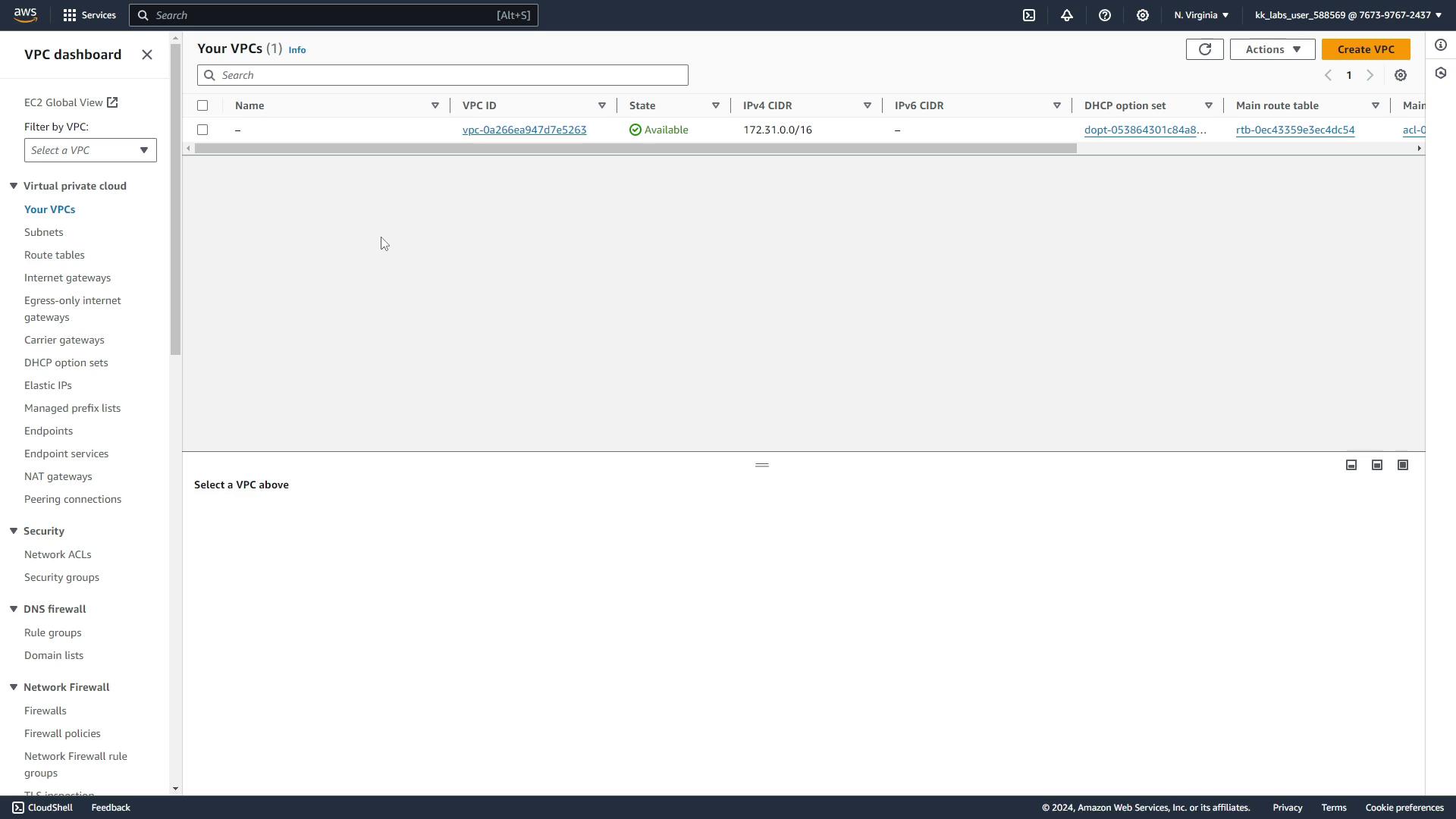 The image shows an AWS VPC dashboard with a list of virtual private clouds (VPCs). It displays details such as VPC ID, state, and CIDR information.