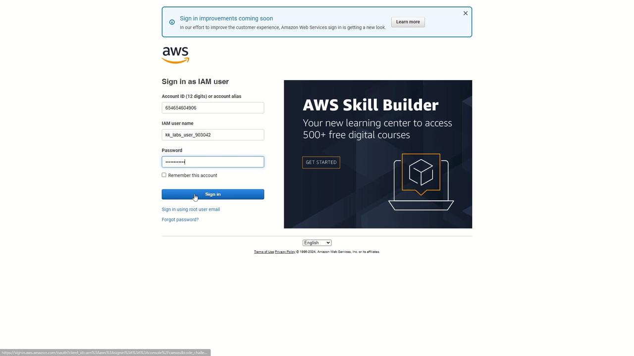 The image shows an AWS IAM user sign-in page with fields for account ID, username, and password. There's also an advertisement for AWS Skill Builder, offering access to free digital courses.