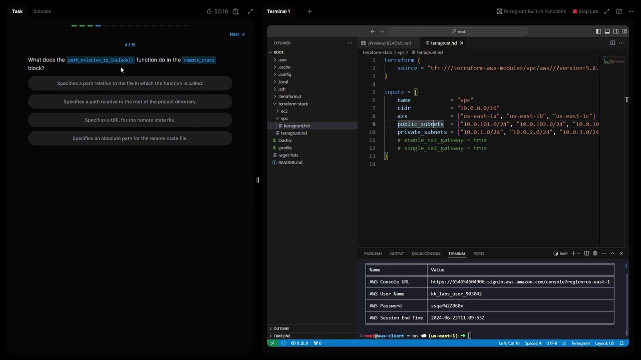 The image shows a split-screen view with a coding task on the left, asking about the `path_relative_to_include()` function, and a code editor on the right displaying a Terraform configuration file with AWS VPC settings.