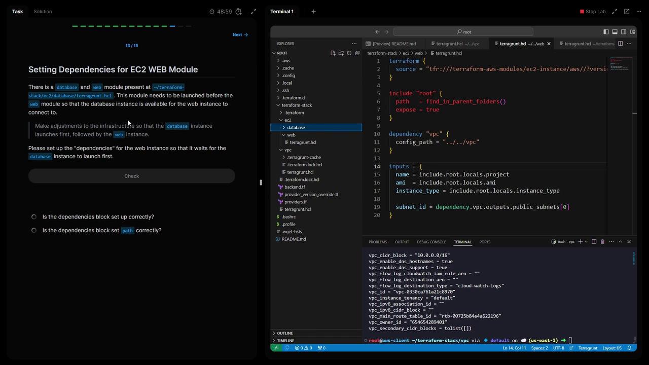 The image shows a split-screen view of a coding environment. On the left, there's a task description about setting dependencies for an EC2 web module, and on the right, there's a code editor displaying Terraform configuration files.