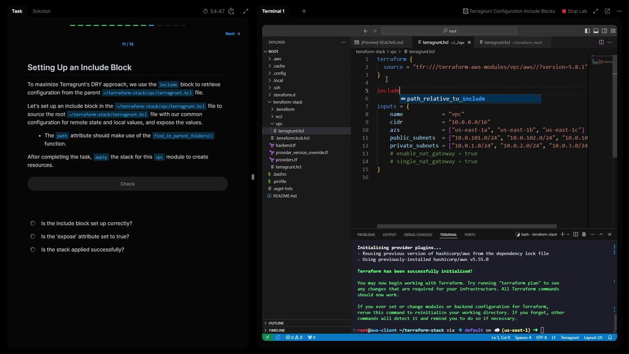 The image shows a split-screen view with a task description on the left about setting up an include block in Terragrunt, and a code editor on the right displaying a Terraform configuration file.