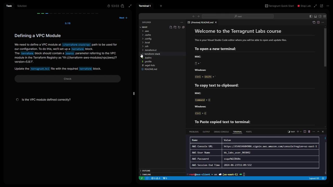 The image shows a split-screen view of a coding environment, with instructions for defining a VPC module on the left and a Visual Studio Code editor with a README file and terminal information on the right.