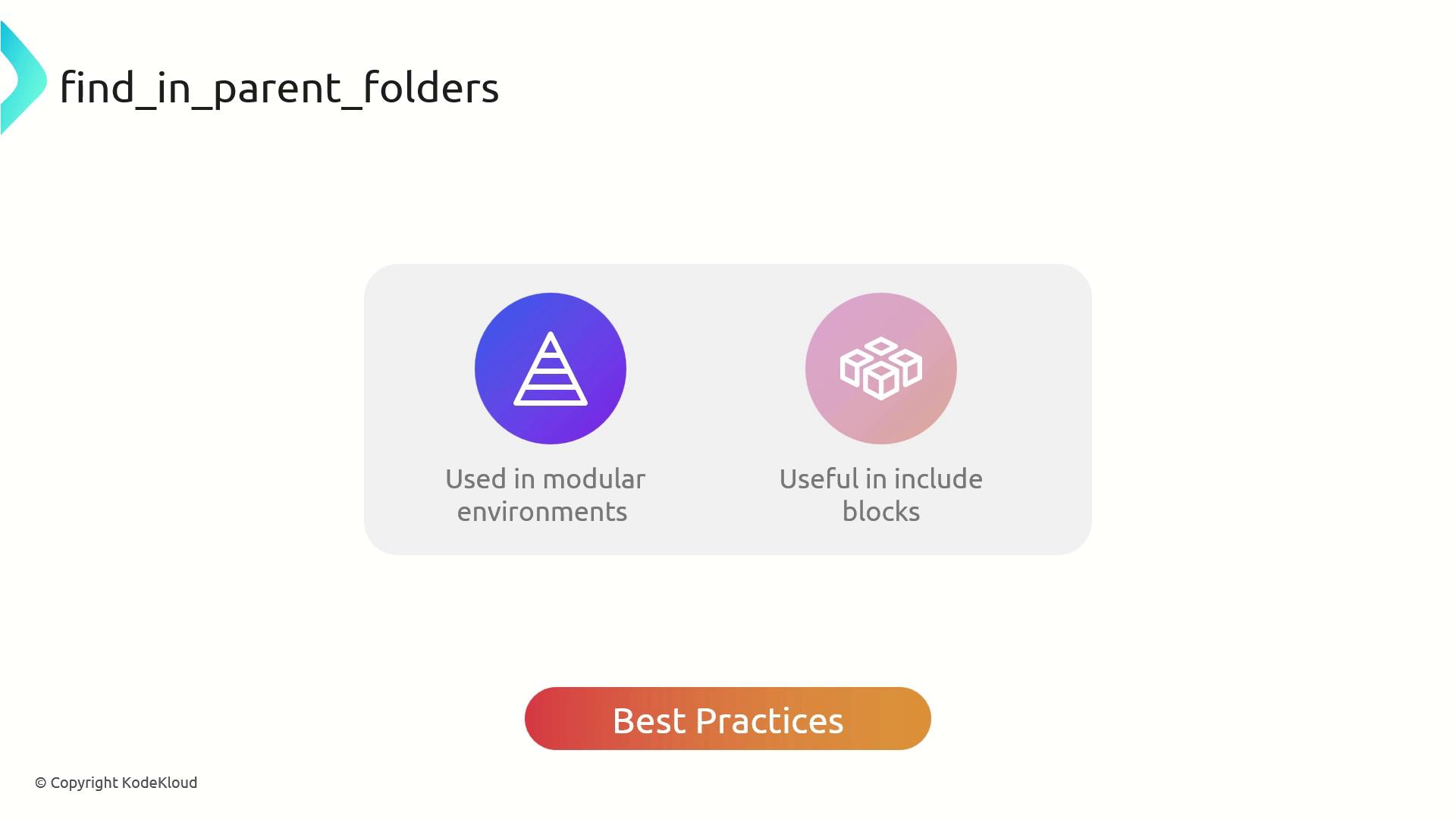 The image is a diagram titled "find_in_parent_folders" with icons and text explaining its use in modular environments and include blocks, along with a "Best Practices" button.