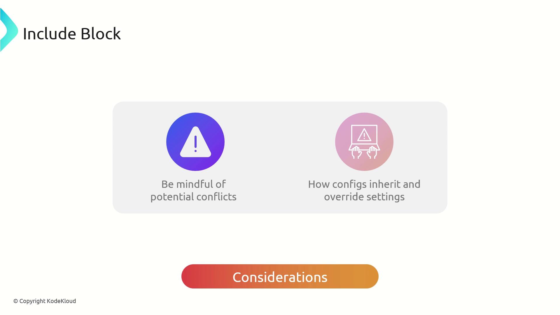 The image is an informational graphic titled "Include Block," highlighting considerations such as being mindful of potential conflicts and how configurations inherit and override settings.