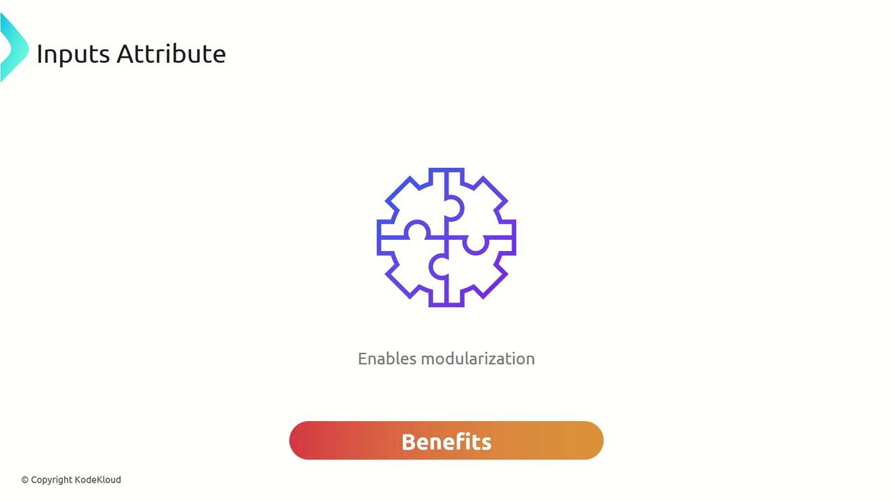 The image features a puzzle piece icon with the text "Enables modularization" below it, and a "Benefits" button at the bottom.