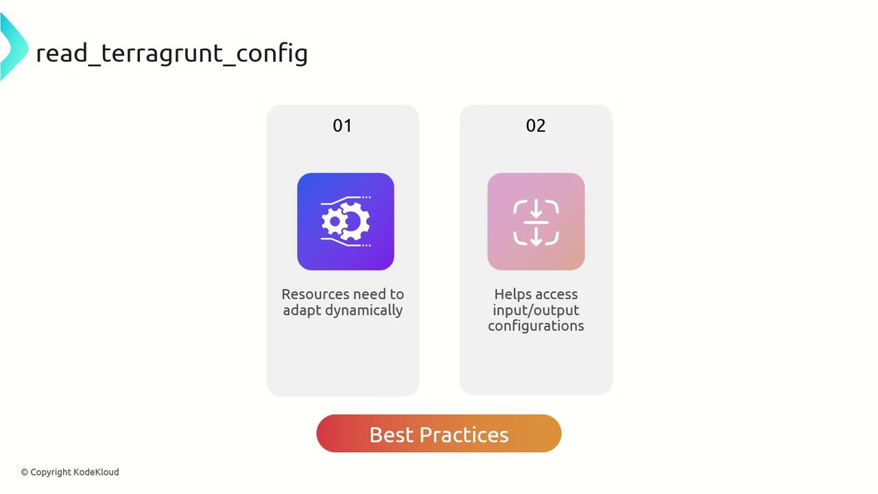 The image outlines best practices for "read_terragrunt_config," highlighting the need for resources to adapt dynamically and access input/output configurations.