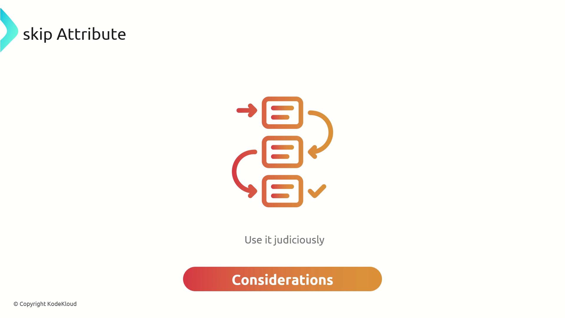 The image features a diagram with three stacked rectangles connected by arrows, accompanied by the text "Use it judiciously" and a button labeled "Considerations."