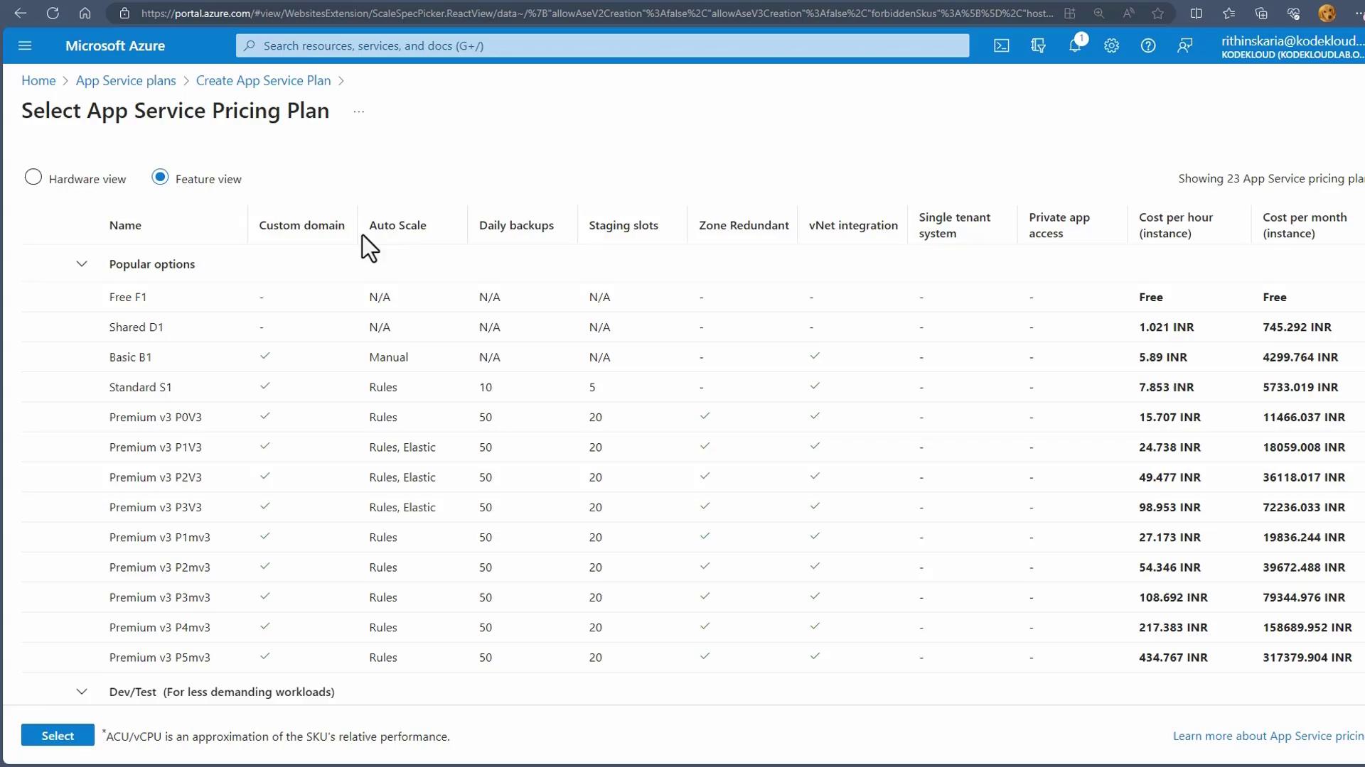 The image shows a Microsoft Azure portal page displaying various App Service pricing plans, including details like custom domain, auto scale, daily backups, and costs per hour and month.