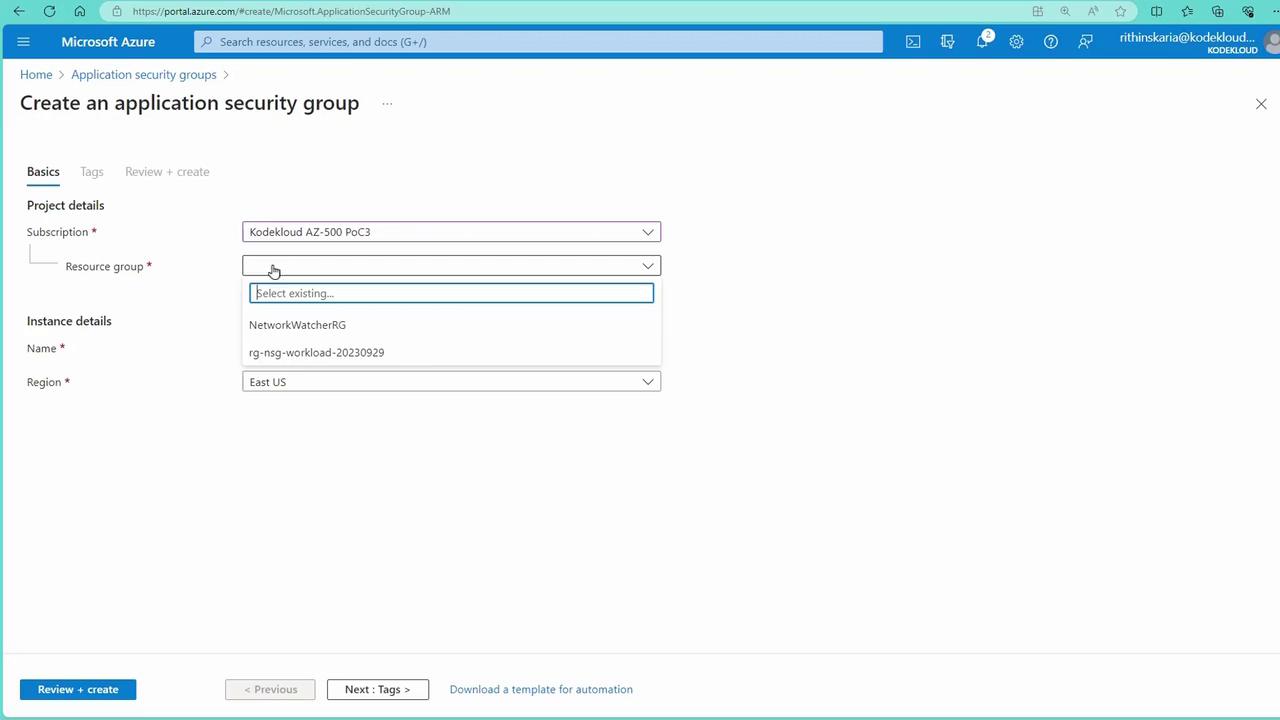 The image shows a Microsoft Azure portal interface for creating an application security group, with fields for project and instance details such as subscription, resource group, name, and region.