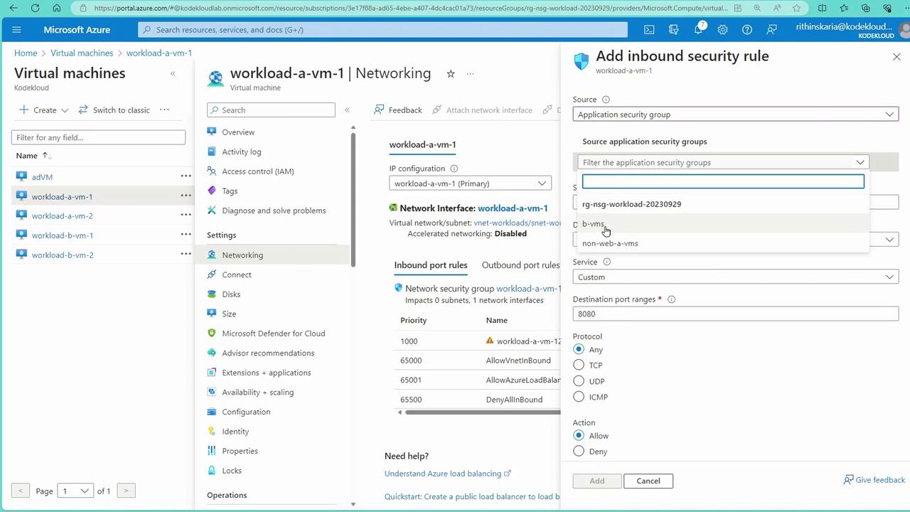 The image shows a Microsoft Azure portal interface where a user is configuring networking settings for a virtual machine, specifically adding an inbound security rule.