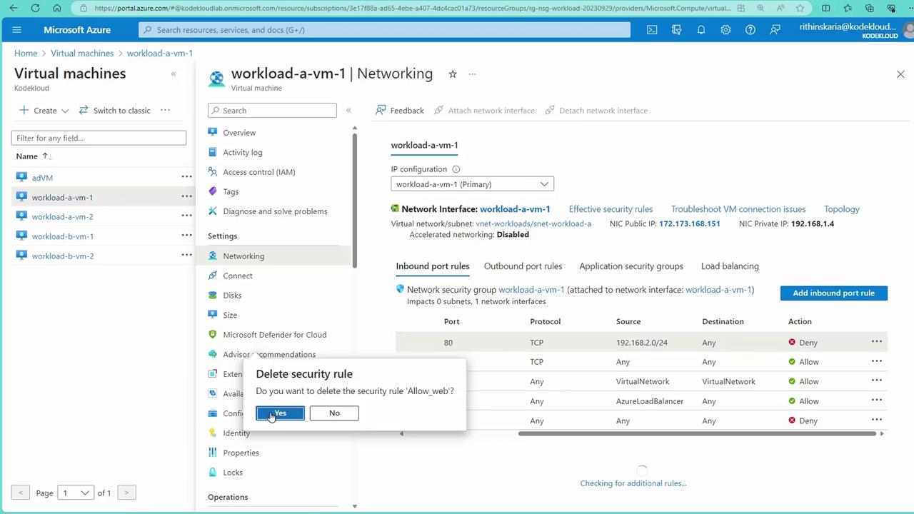The image shows a Microsoft Azure portal interface for managing virtual machines, specifically focusing on the networking settings of "workload-a-vm-1." A pop-up is asking to confirm the deletion of a security rule named "Allow_web."