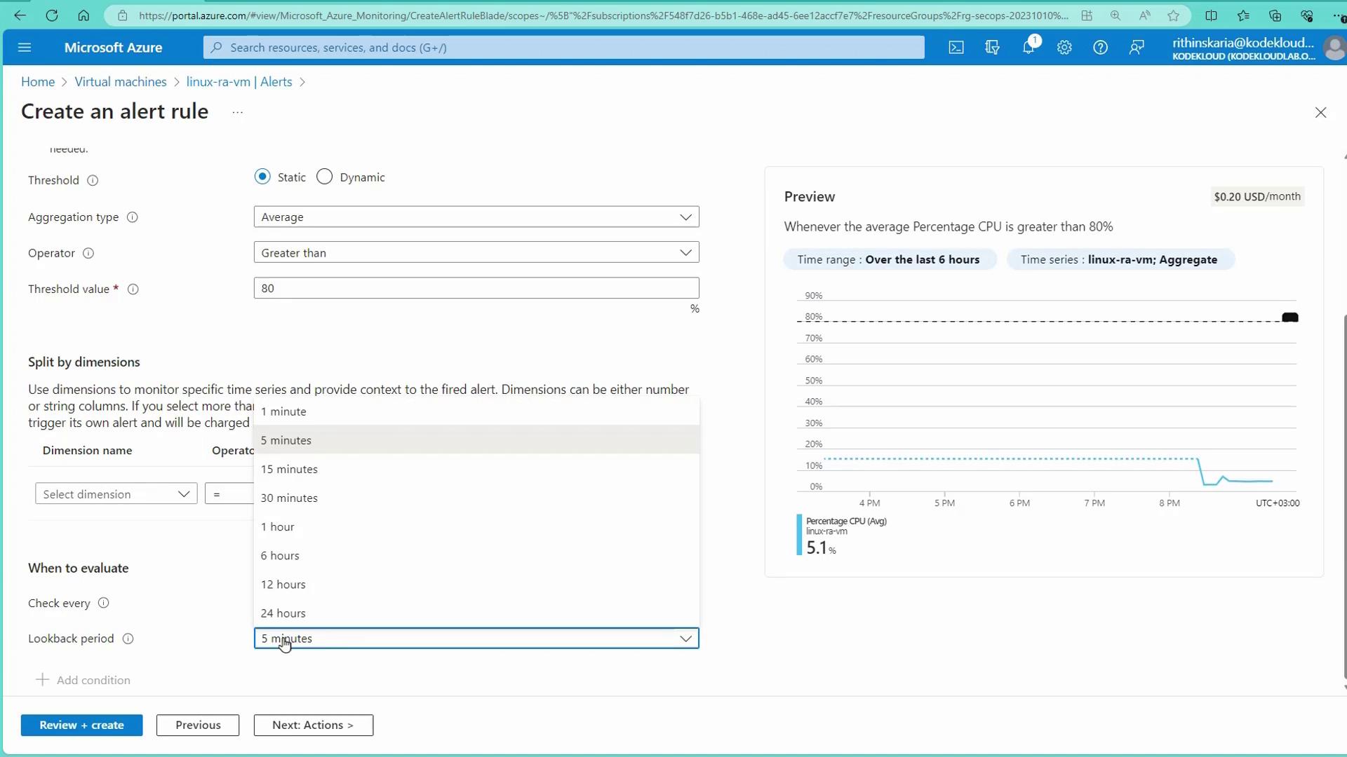 The image shows a Microsoft Azure interface for creating an alert rule, with settings for threshold, aggregation type, and time range. A preview graph displays CPU usage over time, with a threshold set at 80%.
