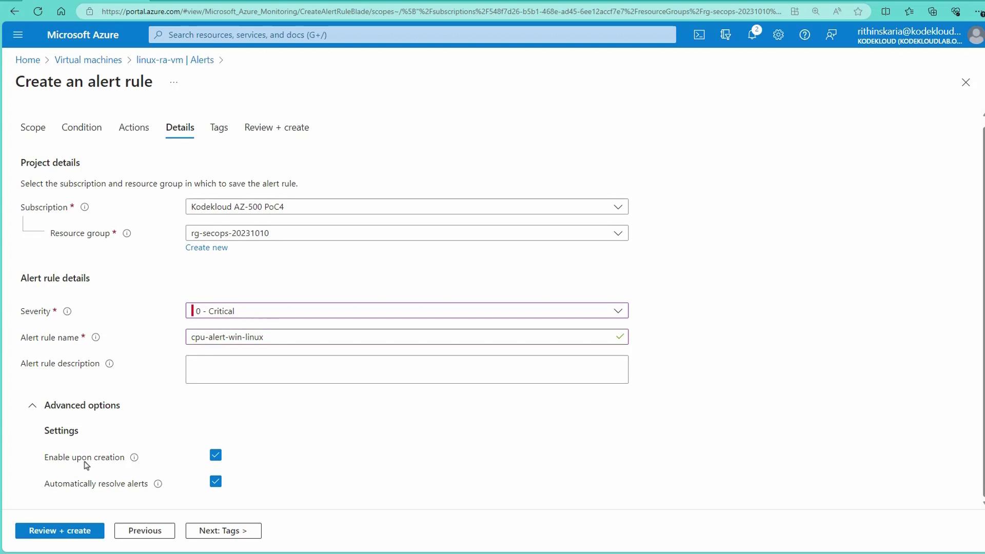 The image shows a Microsoft Azure interface for creating an alert rule, specifically on the "Actions" tab, where an action group named "vm-notification" containing one email action is listed. There is also a section for adding custom properties to the alert rule.