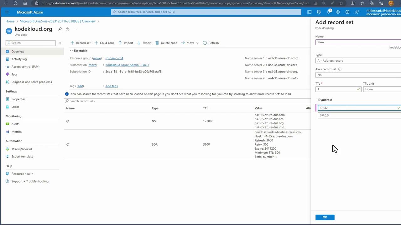 The image shows a Microsoft Azure DNS zone management interface for the domain "kodekloud.org," where a new A record is being added with the IP address "1.1.1.1."
