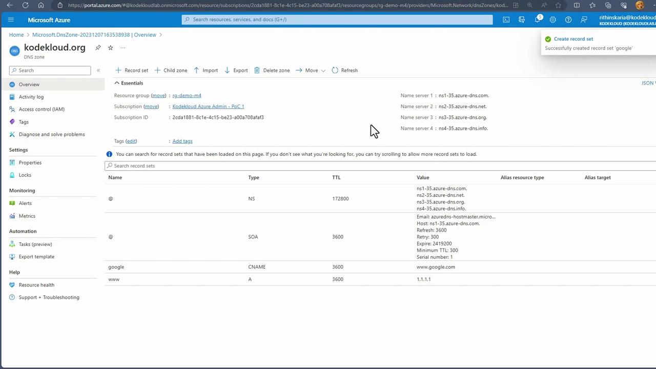 The image shows a Microsoft Azure DNS zone management interface for the domain "kodekloud.org," displaying DNS records such as NS, SOA, CNAME, and A records.