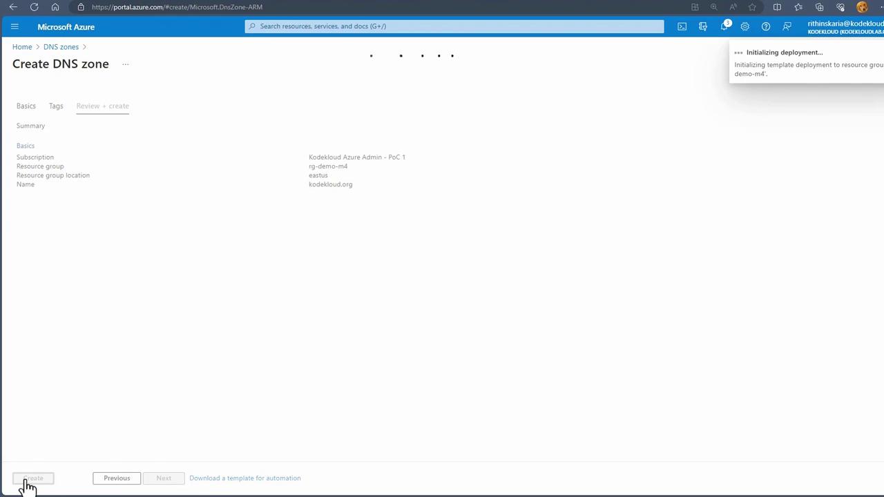 The image shows a Microsoft Azure portal interface for creating a DNS zone, with details about the subscription, resource group, and location. A notification indicates the initialization of a template deployment.