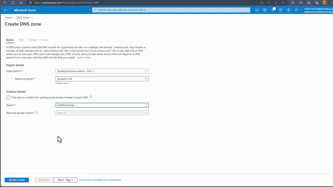 The image shows a Microsoft Azure portal interface for creating a DNS zone, with fields for project and instance details.