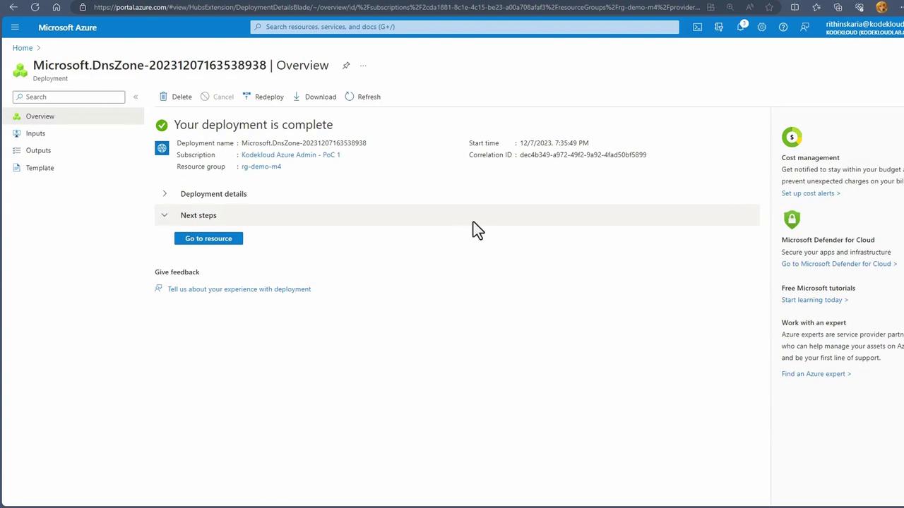 The image shows a Microsoft Azure portal page indicating that a DNS zone deployment is complete, with options to view deployment details and next steps.