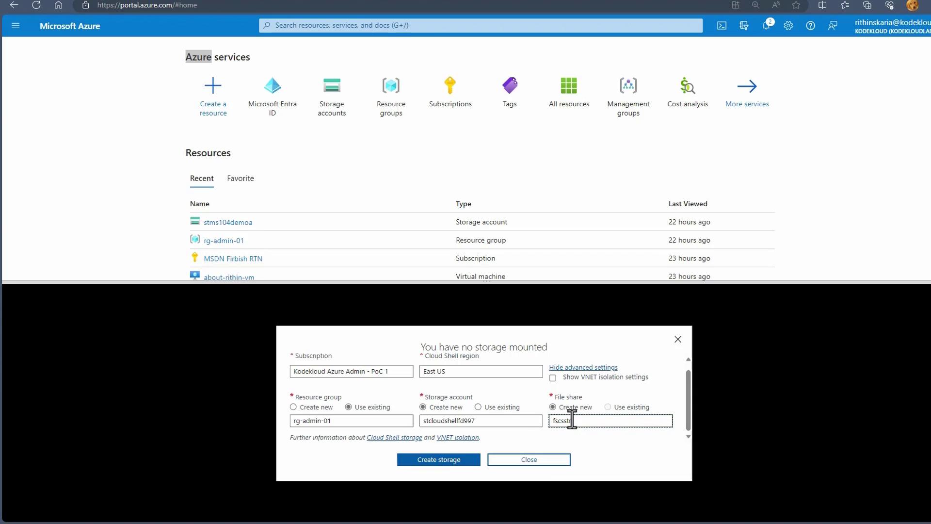 The image shows the Microsoft Azure portal with a list of resources and a pop-up window for creating storage, including options for subscription, resource group, and storage account settings.