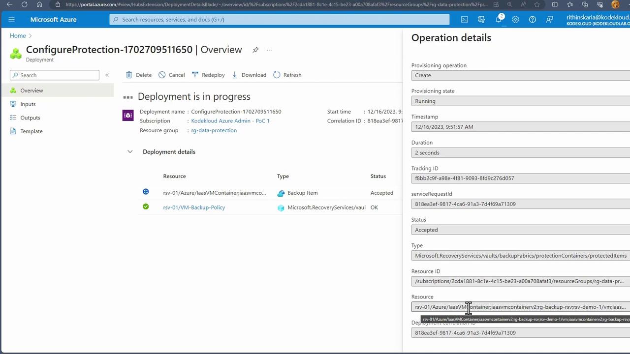 The image shows a Microsoft Azure portal screen with a deployment in progress for configuring protection, including details about resources and operation status. The right panel displays operation details such as provisioning state, timestamp, and tracking ID.