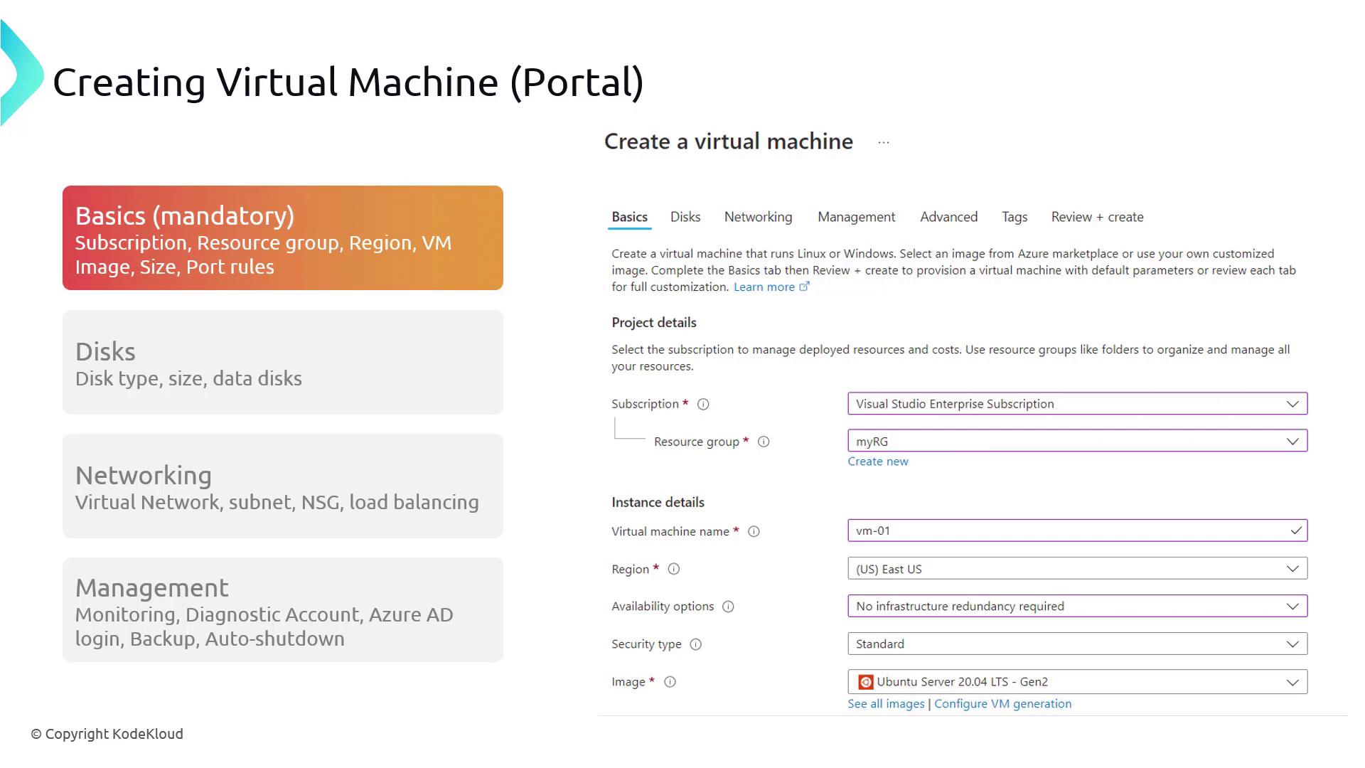 The image shows a guide for creating a virtual machine using a portal, highlighting the "Basics" section with details like subscription, resource group, and instance details. It includes options for disks, networking, and management settings.