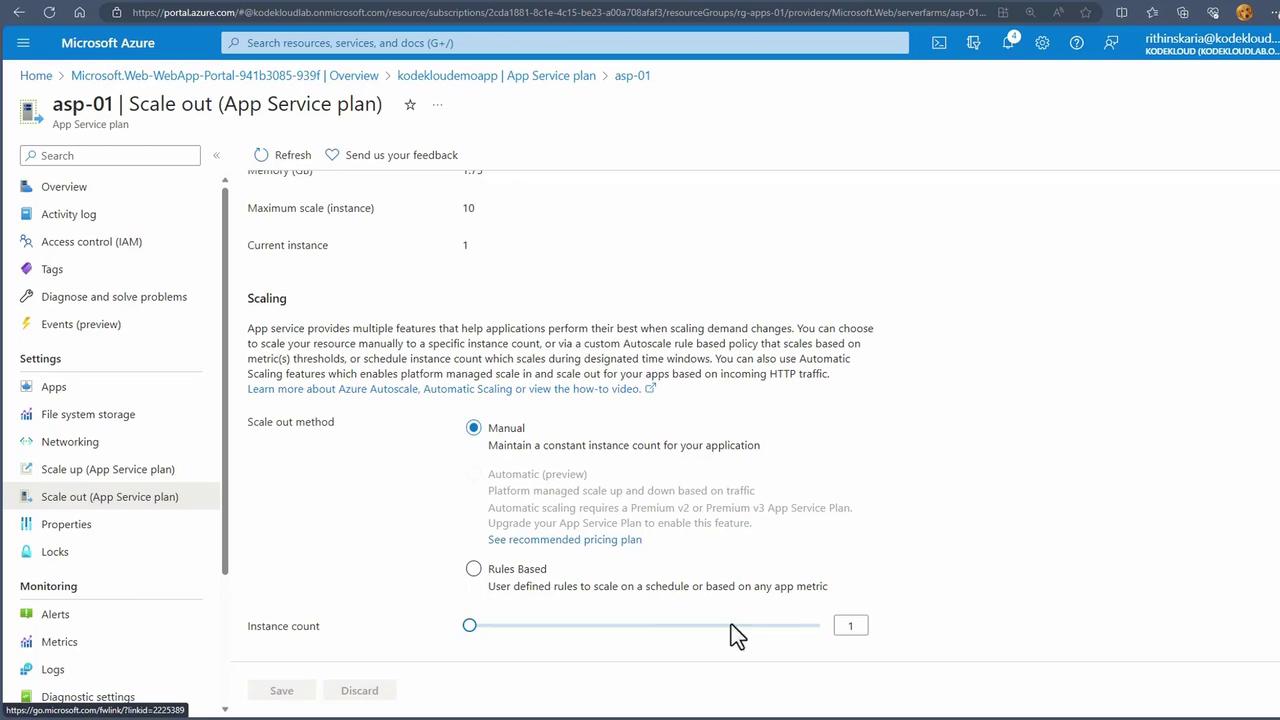 The image shows a Microsoft Azure portal interface for configuring the scaling options of an App Service plan. It includes settings for manual, automatic, and rules-based scaling methods.