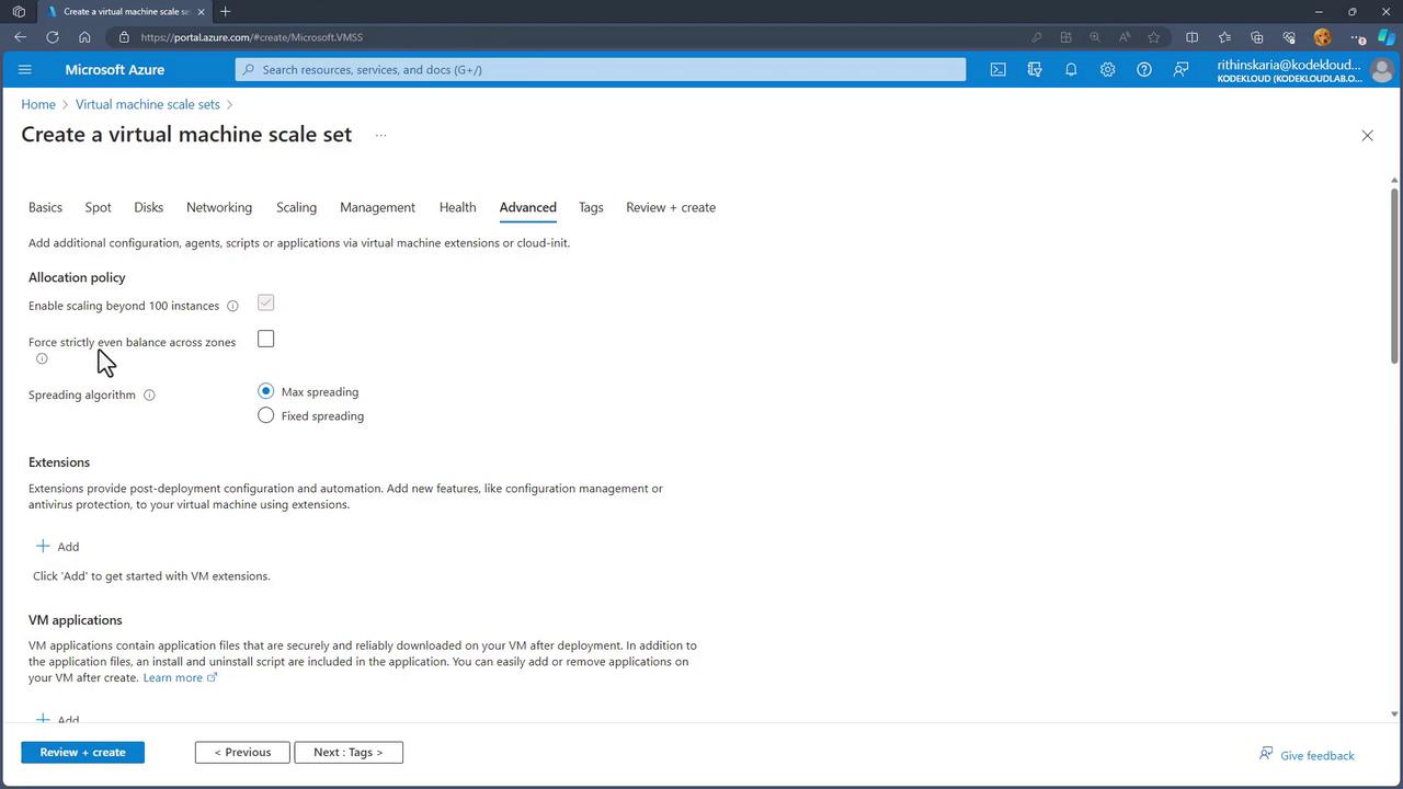 The image shows a Microsoft Azure portal page for creating a virtual machine scale set, specifically on the "Advanced" tab, with options for allocation policy and extensions.