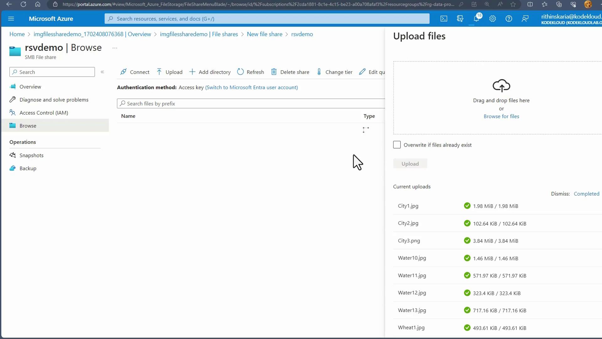 The image shows a Microsoft Azure portal interface with a file upload section on the right, displaying a list of uploaded image files.