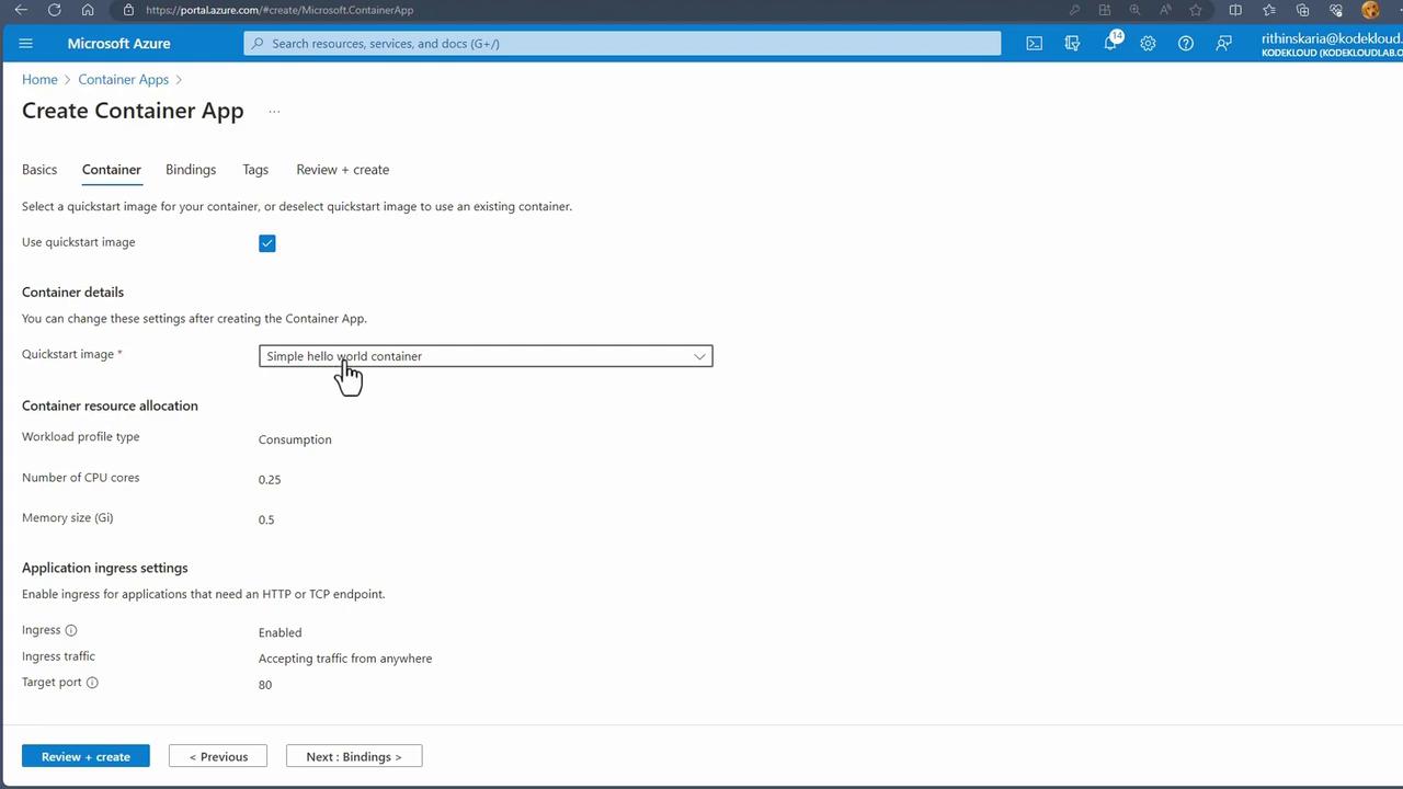 The image shows a Microsoft Azure portal interface for creating a container app, with options for selecting a quickstart image, resource allocation, and application ingress settings.