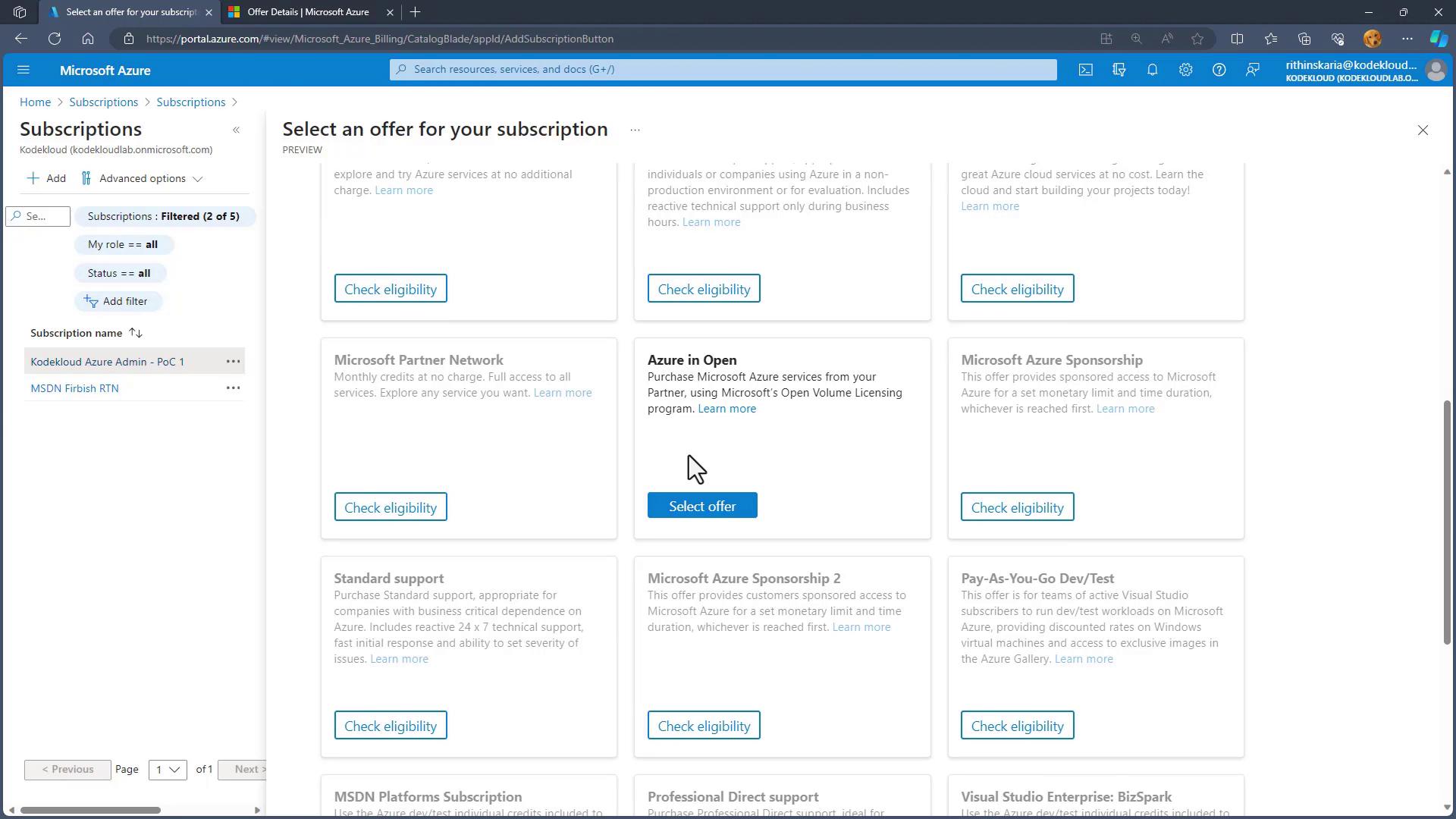 The image shows a Microsoft Azure portal page where users can select offers for their subscriptions, with options like "Microsoft Partner Network" and "Azure in Open." There are buttons to check eligibility and select offers.