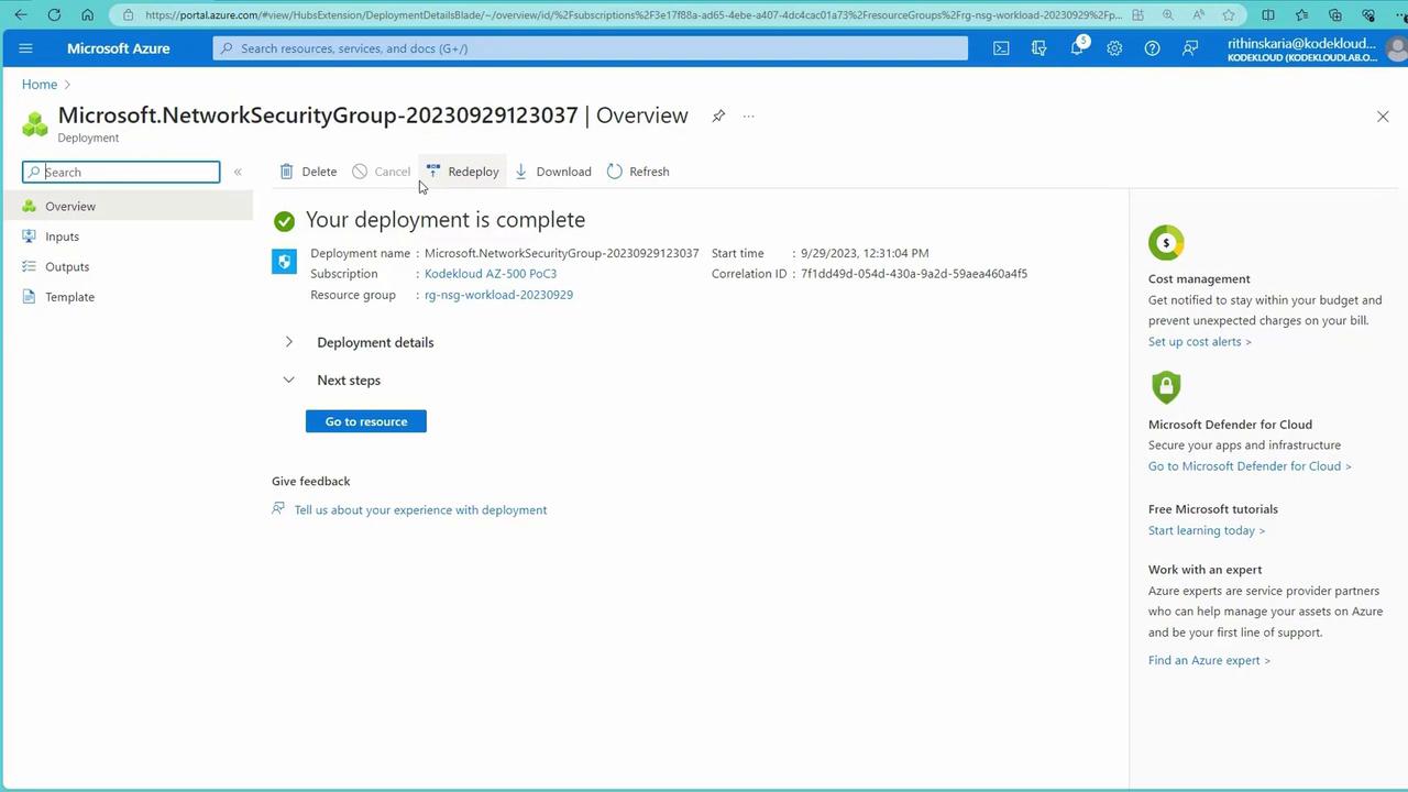 The image shows the Microsoft Azure portal page indicating that a deployment named "Microsoft.NetworkSecurityGroup-20230929123037" is complete. It includes details like the subscription, resource group, and options for further actions.