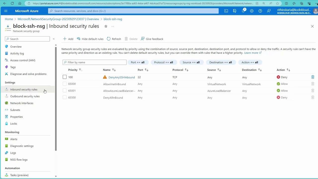 The image shows the Microsoft Azure portal displaying inbound security rules for a network security group. It lists rules with details such as priority, name, port, protocol, source, destination, and action (allow or deny).