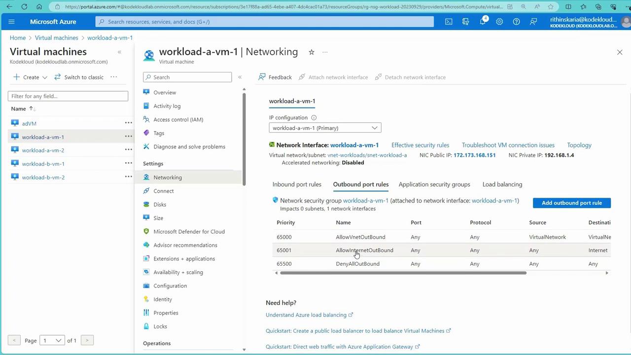 The image shows a Microsoft Azure portal interface displaying the networking settings for a virtual machine named "workload-a-vm-1," including outbound port rules and network security group details.