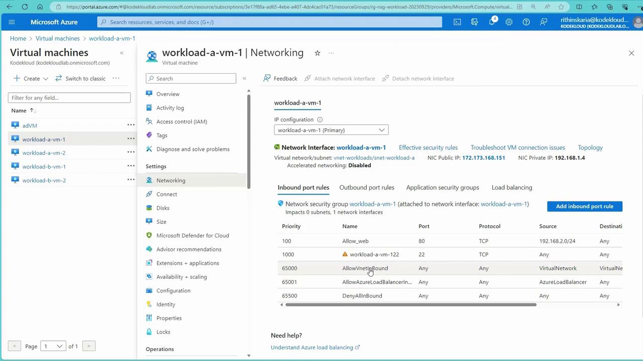 The image shows the Microsoft Azure portal interface, specifically the networking settings for a virtual machine named "workload-a-vm-1," displaying inbound port rules and network security group details.