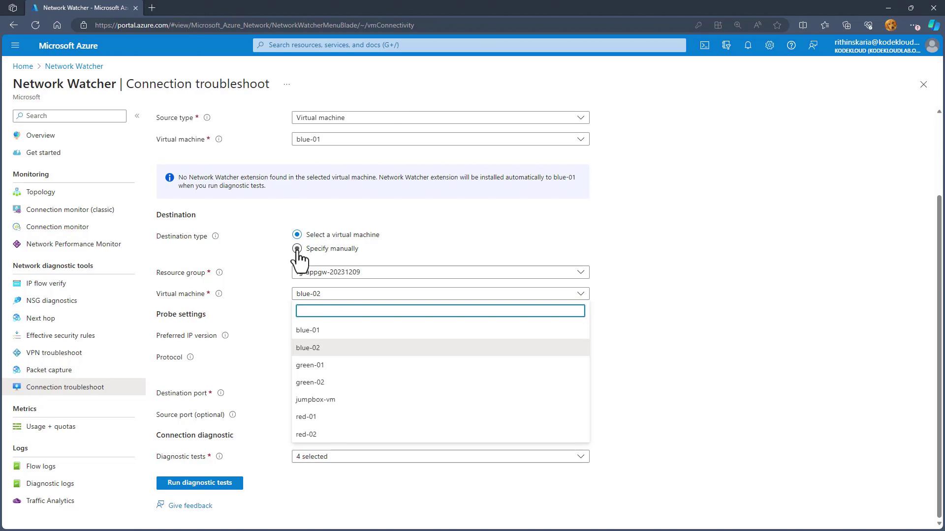 The image shows the Microsoft Azure Network Watcher interface, specifically the "Connection Troubleshoot" section, where a user is configuring settings for diagnosing network connectivity issues between virtual machines.