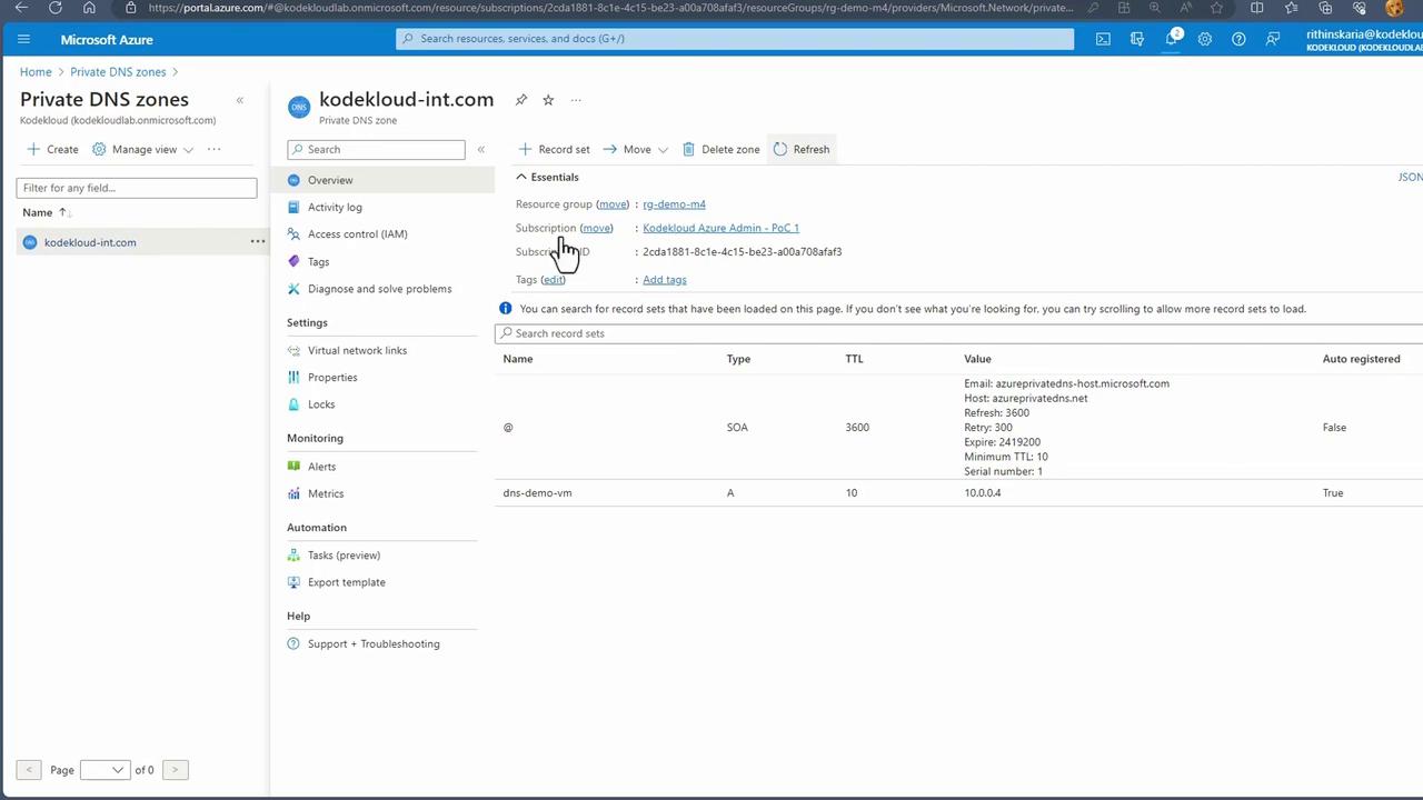 The image shows a Microsoft Azure portal interface displaying details of a private DNS zone for "kodekloud-int.com," including resource group, subscription information, and DNS record sets.