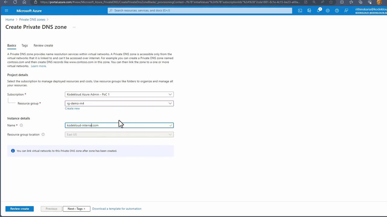 The image shows a Microsoft Azure portal interface for creating a Private DNS zone, with fields for project and instance details being filled out.