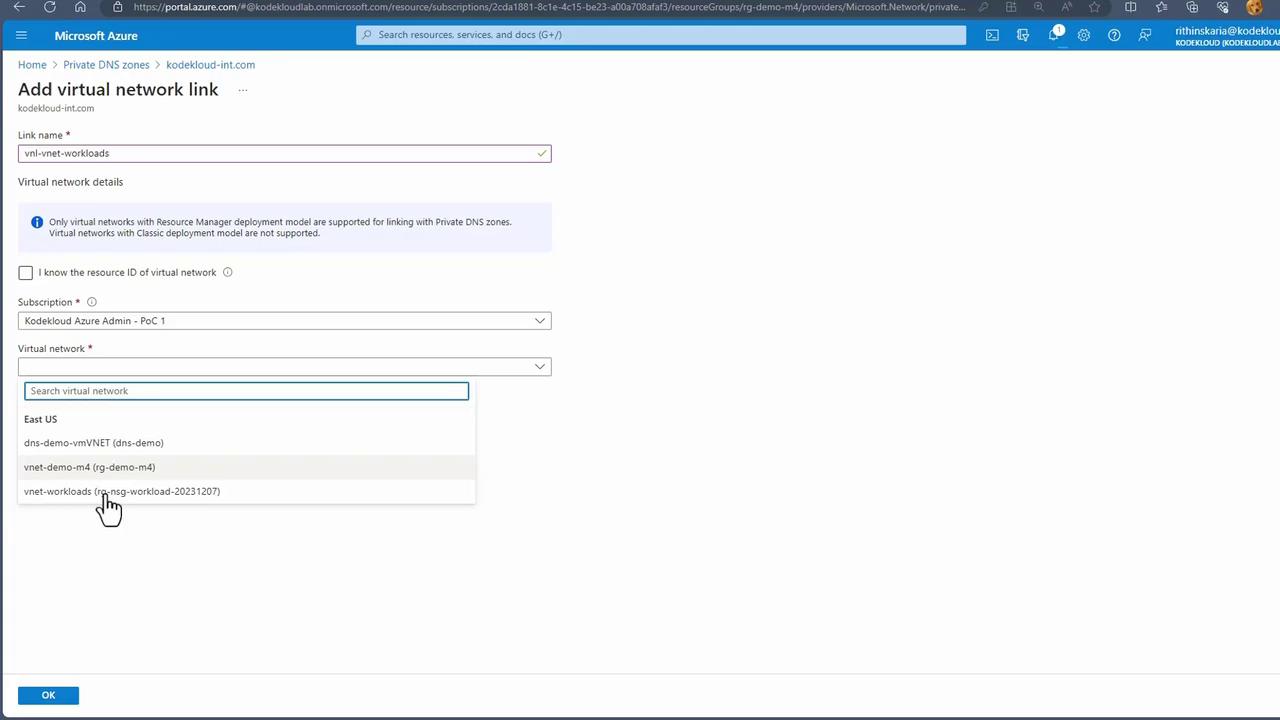 The image shows a Microsoft Azure portal interface for adding a virtual network link to a private DNS zone. It includes fields for link name, subscription, and virtual network selection.