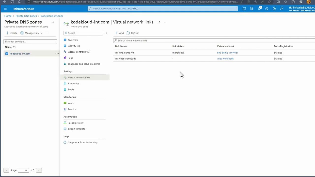 The image shows a Microsoft Azure portal interface displaying the "Virtual network links" section for a private DNS zone named "kodekloud-int.com," with details about link status, virtual networks, and auto-registration.