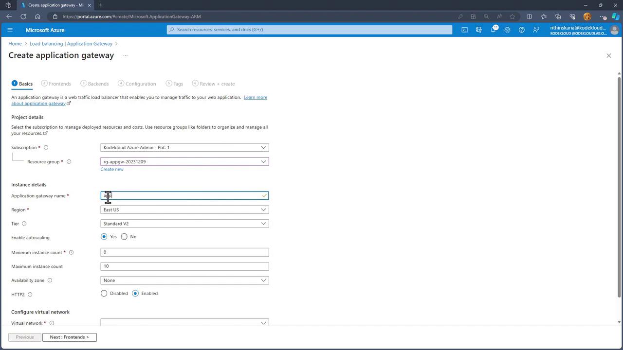 The image shows a Microsoft Azure portal interface for creating an application gateway, with fields for project and instance details such as subscription, resource group, and region.
