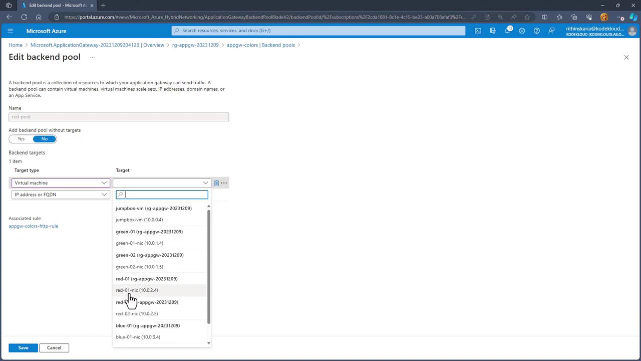 The image shows a Microsoft Azure portal interface for editing a backend pool. It includes options to select a target type and target, with a dropdown list of virtual machines and their associated IP addresses.