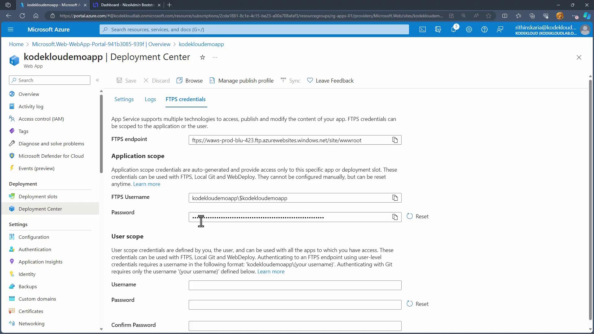 The image shows the FTPS credentials section of the Deployment Center in Microsoft Azure for a web app named "kodekloudemoapp." It includes fields for FTPS endpoint, username, and password management.
