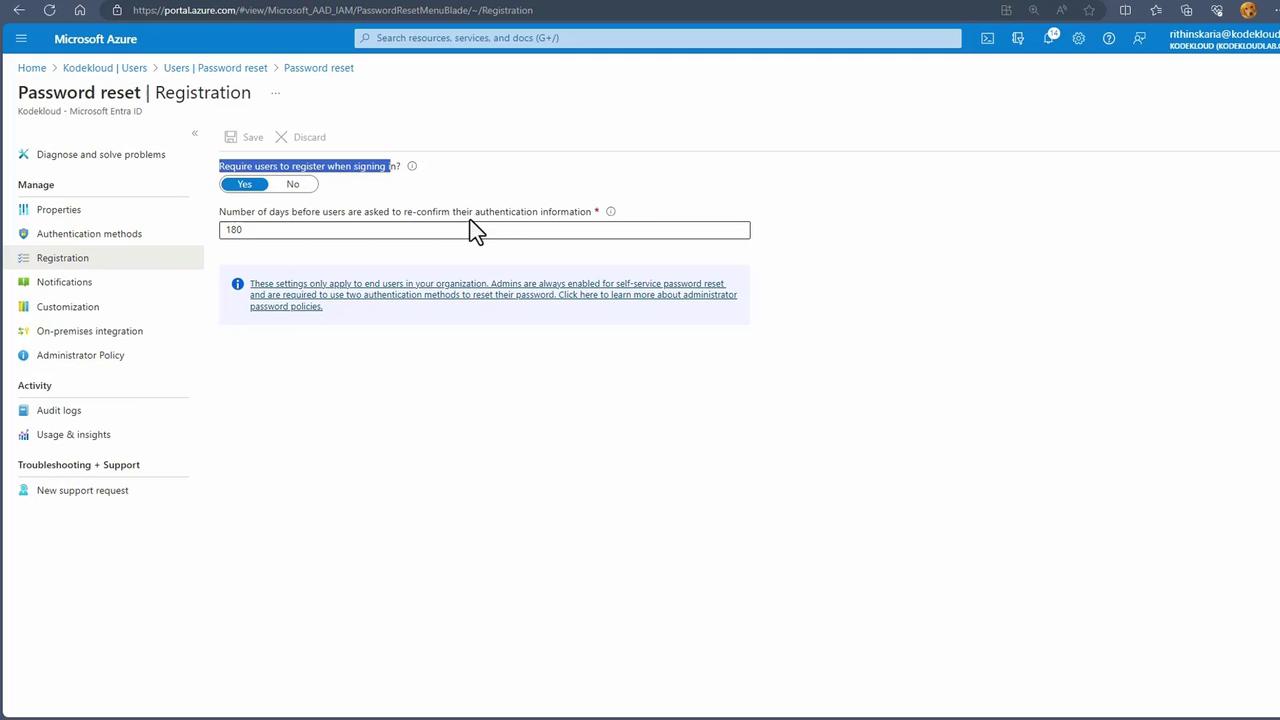 The image shows a Microsoft Azure portal page for password reset registration settings, where users can configure options like requiring registration upon sign-in and setting the number of days before users must reconfirm their authentication information.