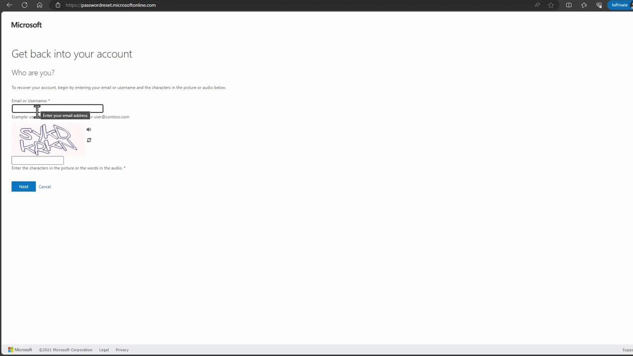 The image shows a Microsoft account recovery page where users are prompted to enter their email or username and solve a CAPTCHA to verify their identity.